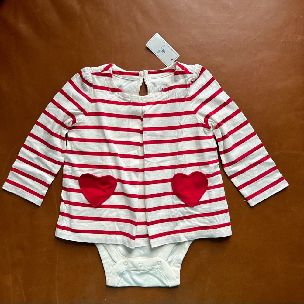 GAP Baby Red Striped Tunic Bodysuit with Heart Pockets, 12-18mo
